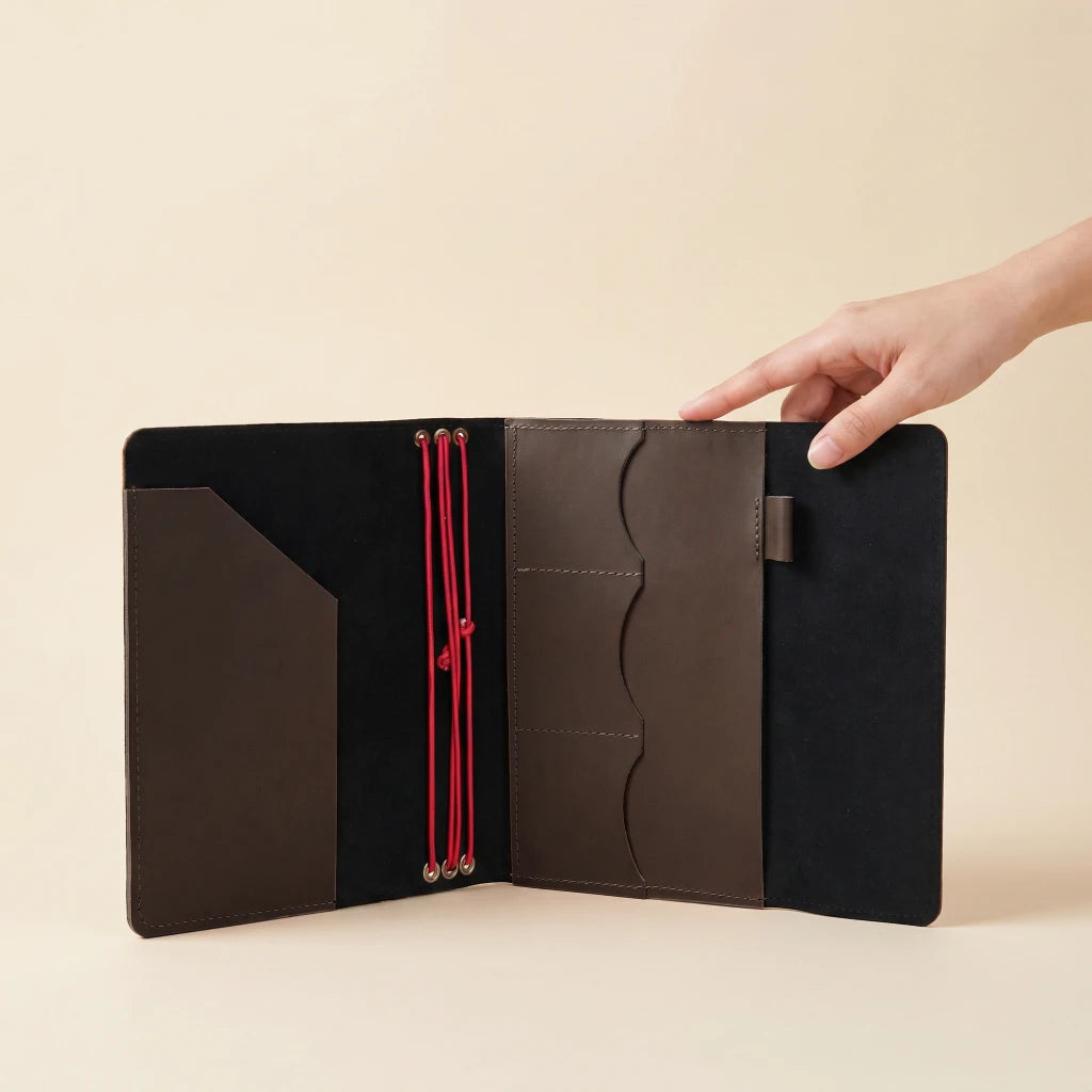 Genuine leather refillable notebook cover with elastic bands and organizer pockets