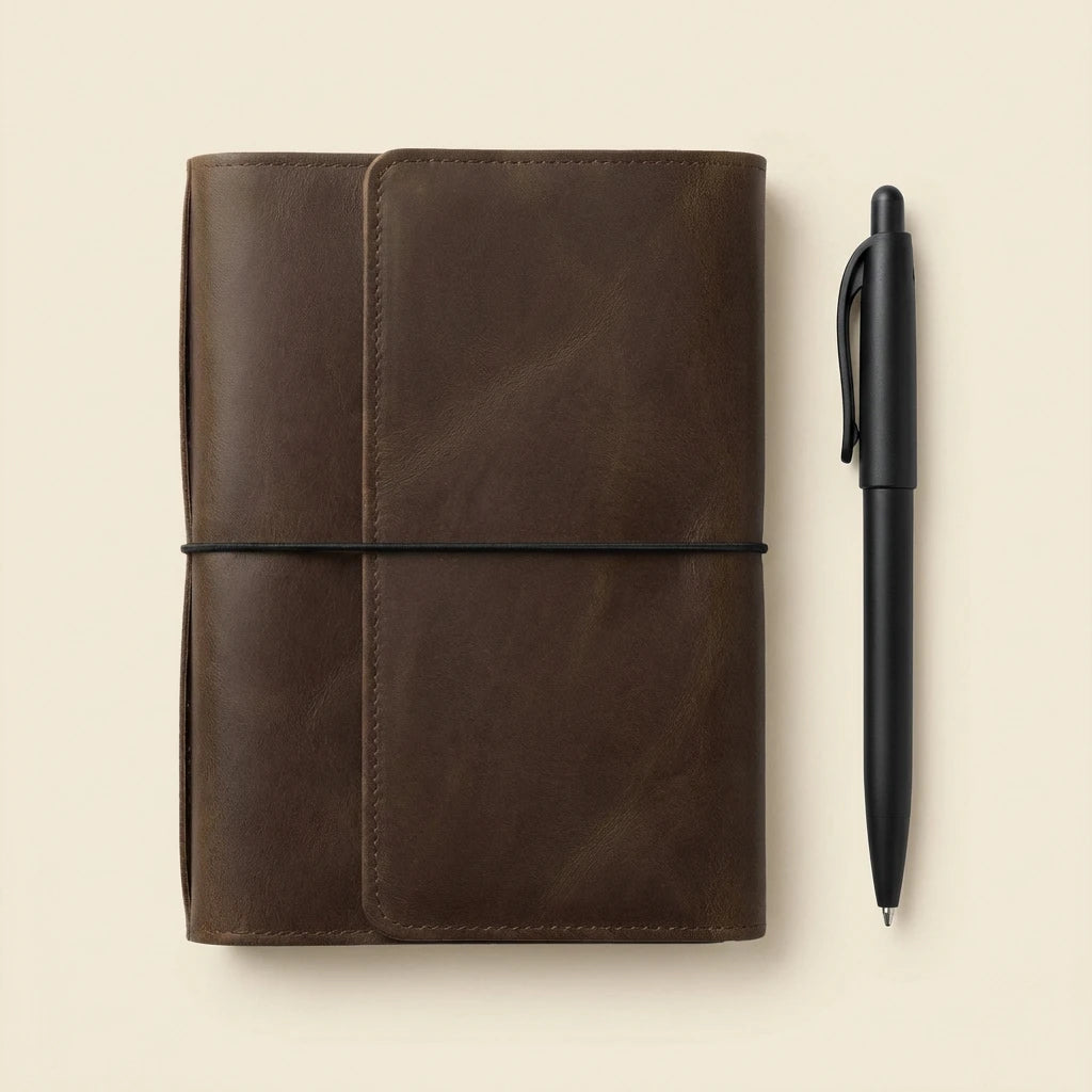 Brown leather notebook with a black pen on a beige background