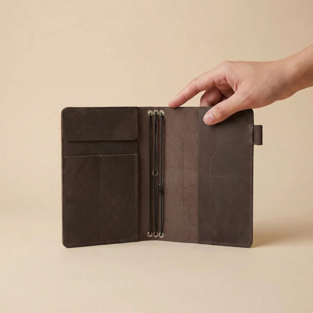 Brown leather journal cover held open by a hand on a beige background
