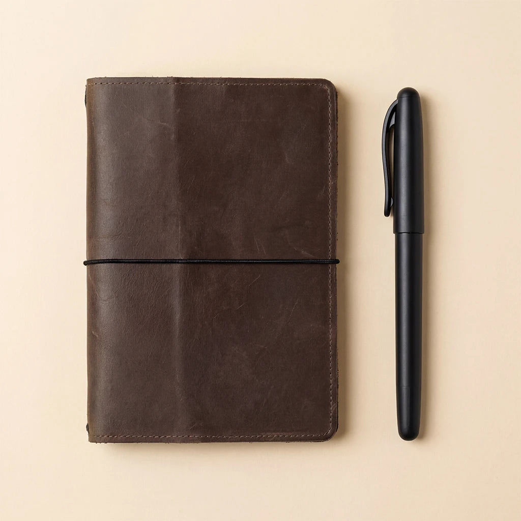 Brown leather notebook and black pen on a beige background