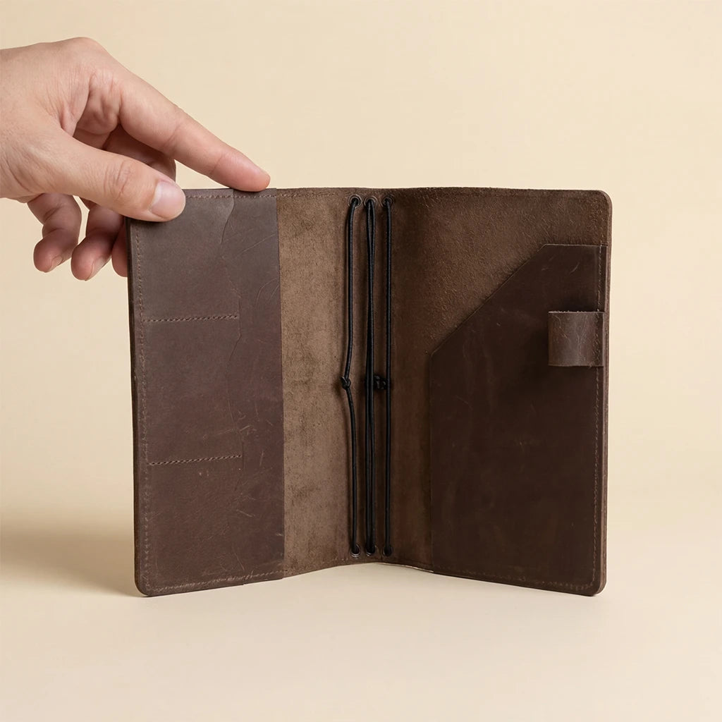 Brown leather journal held open by a hand on a beige background