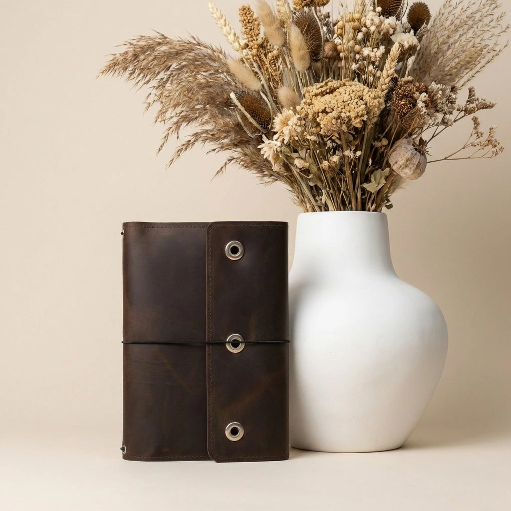 Brown leather notebook and white vase with dried flowers on a beige background