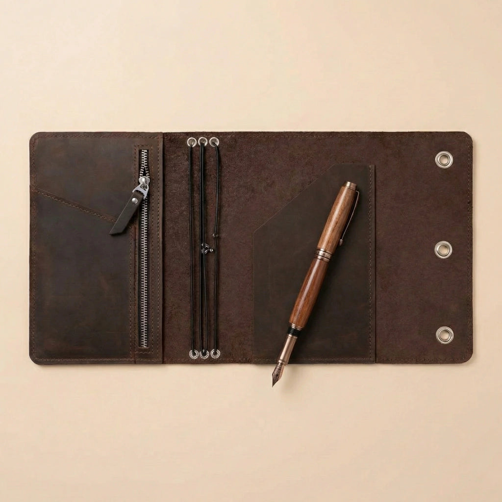 Brown leather notebook with a wooden pen on a beige background