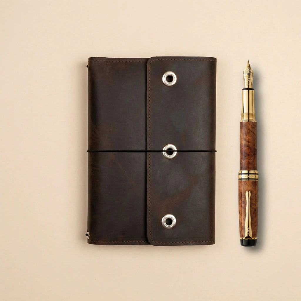 Brown leather notebook with gold accents and a wooden fountain pen on a beige background