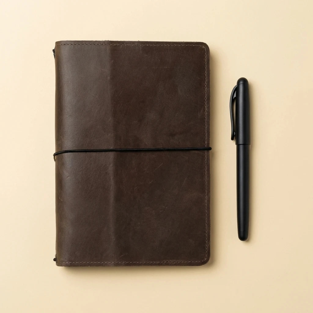 Brown leather notebook with a black pen on a beige background