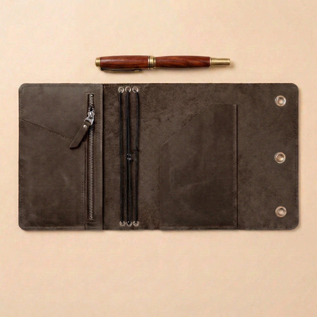 Brown leather journal cover with zippers and a pen on a beige background