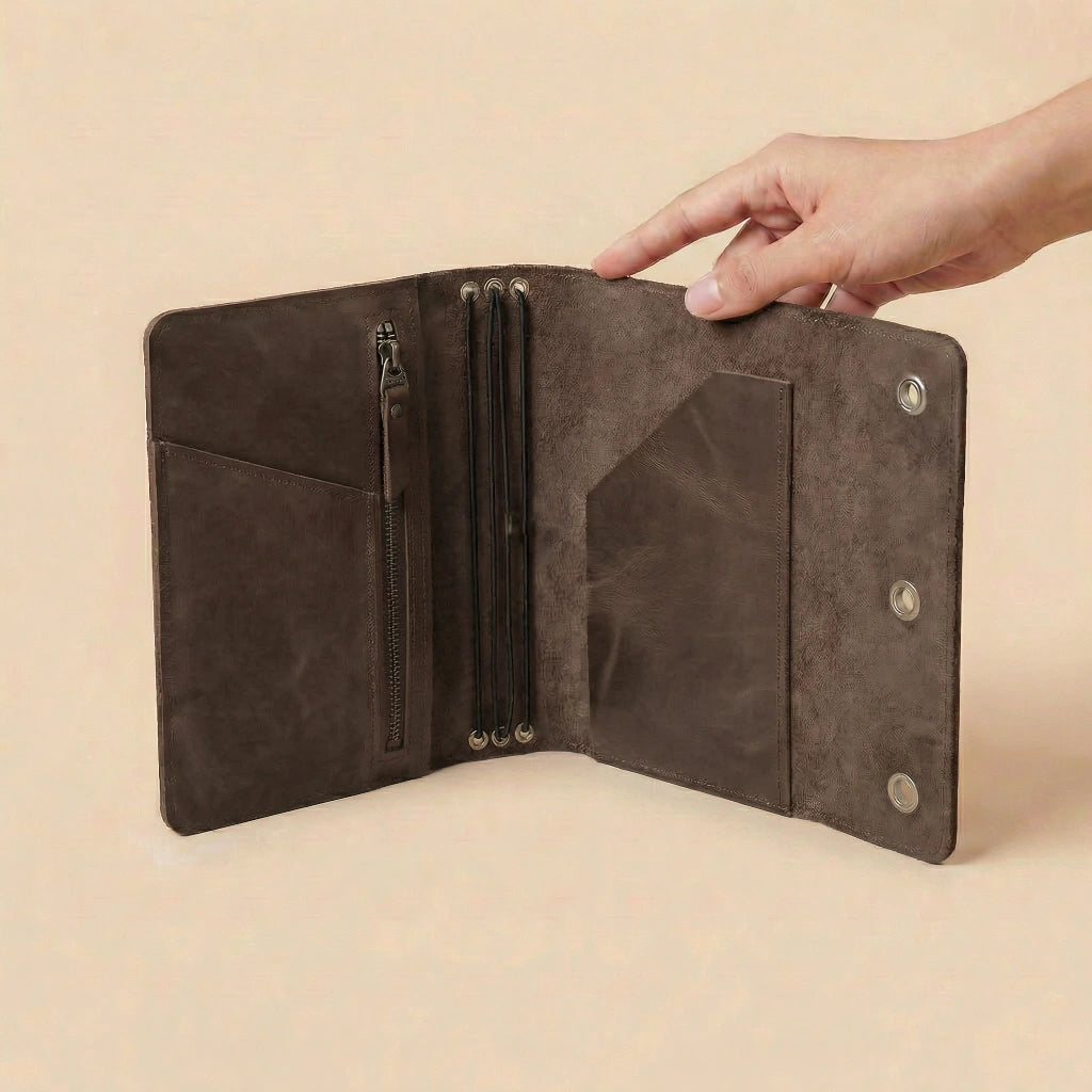Brown leather journal cover with a hand holding it open on a beige background