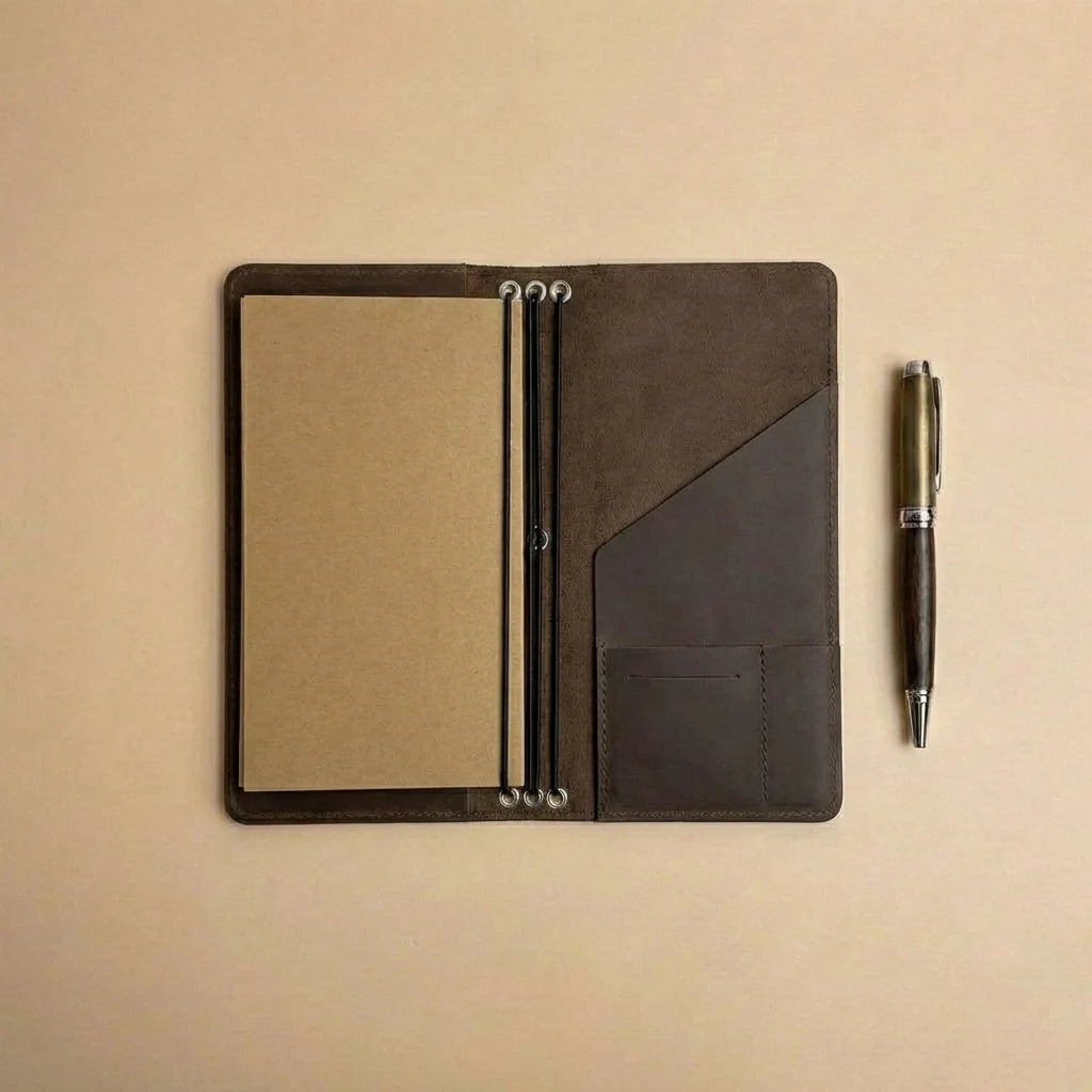 Brown leather notebook with pen holder and pen on a beige background