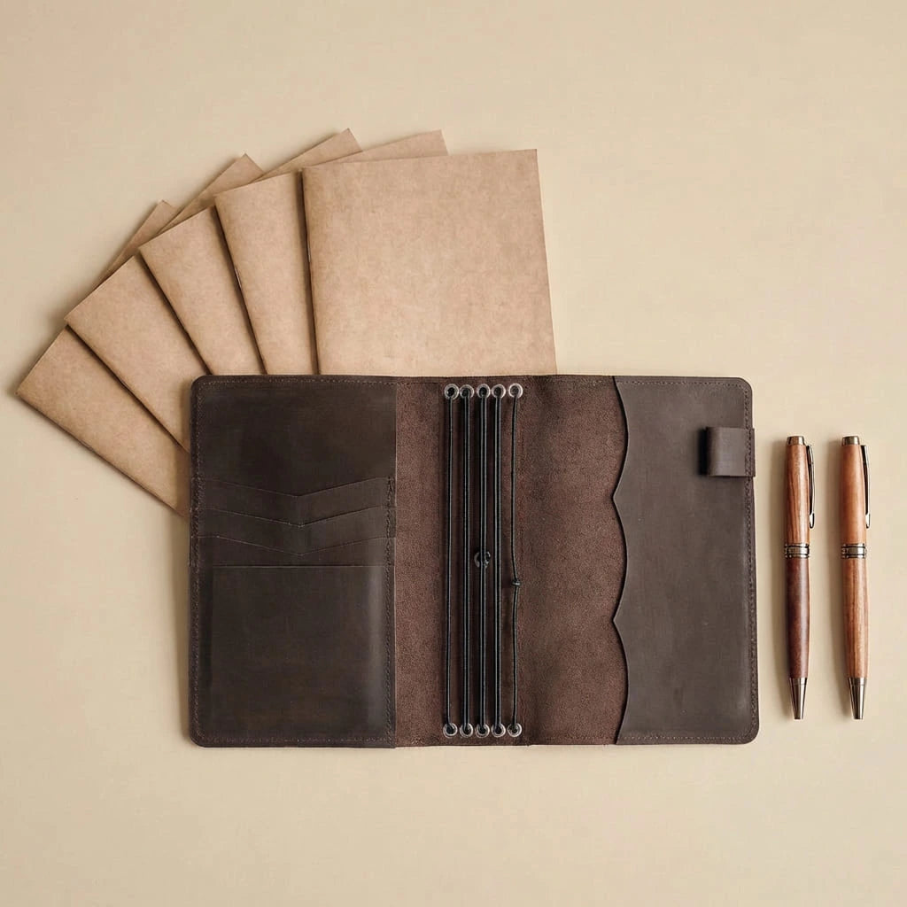 Brown leather notebook cover with pens and notebooks on a beige background