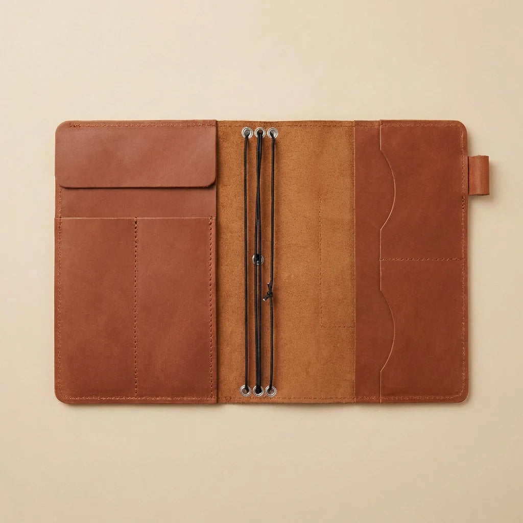 Brown leather case with a strap on a beige background