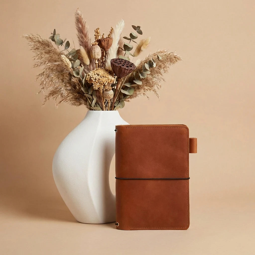 White vase with dried flowers next to a brown leather notebook on a beige background