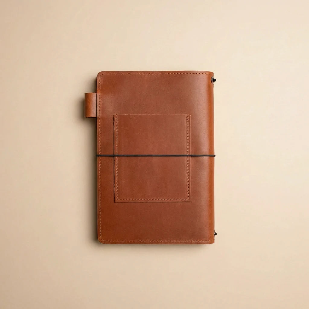 Brown leather notebook on a beige background