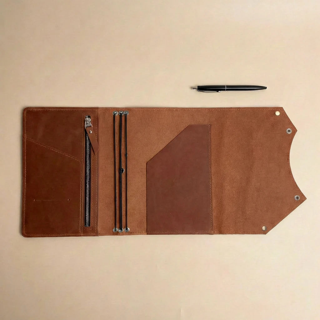Brown leather journal cover with zippers and a pen on a beige background