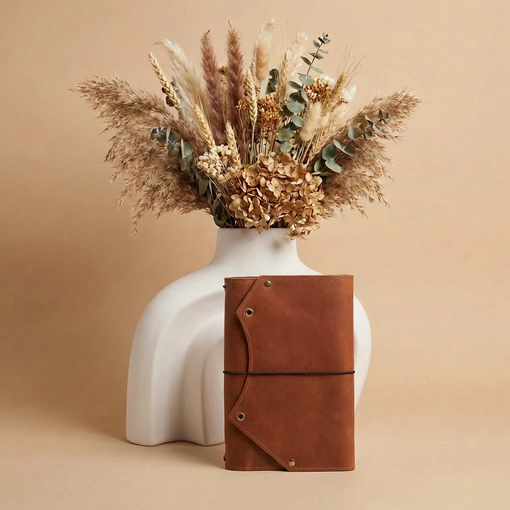 White vase with dried flowers and a brown leather notebook on a beige background