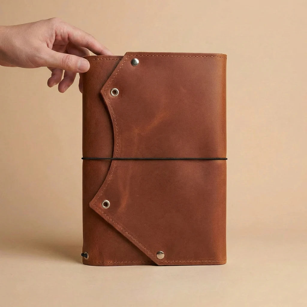 Brown leather notebook held by a hand on a beige background