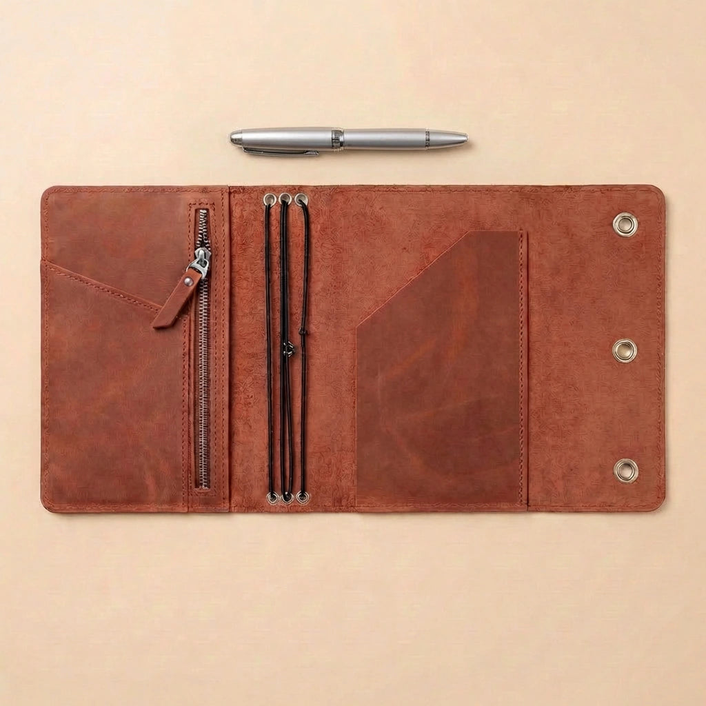 Brown leather wallet with zippers and a pen on a beige background