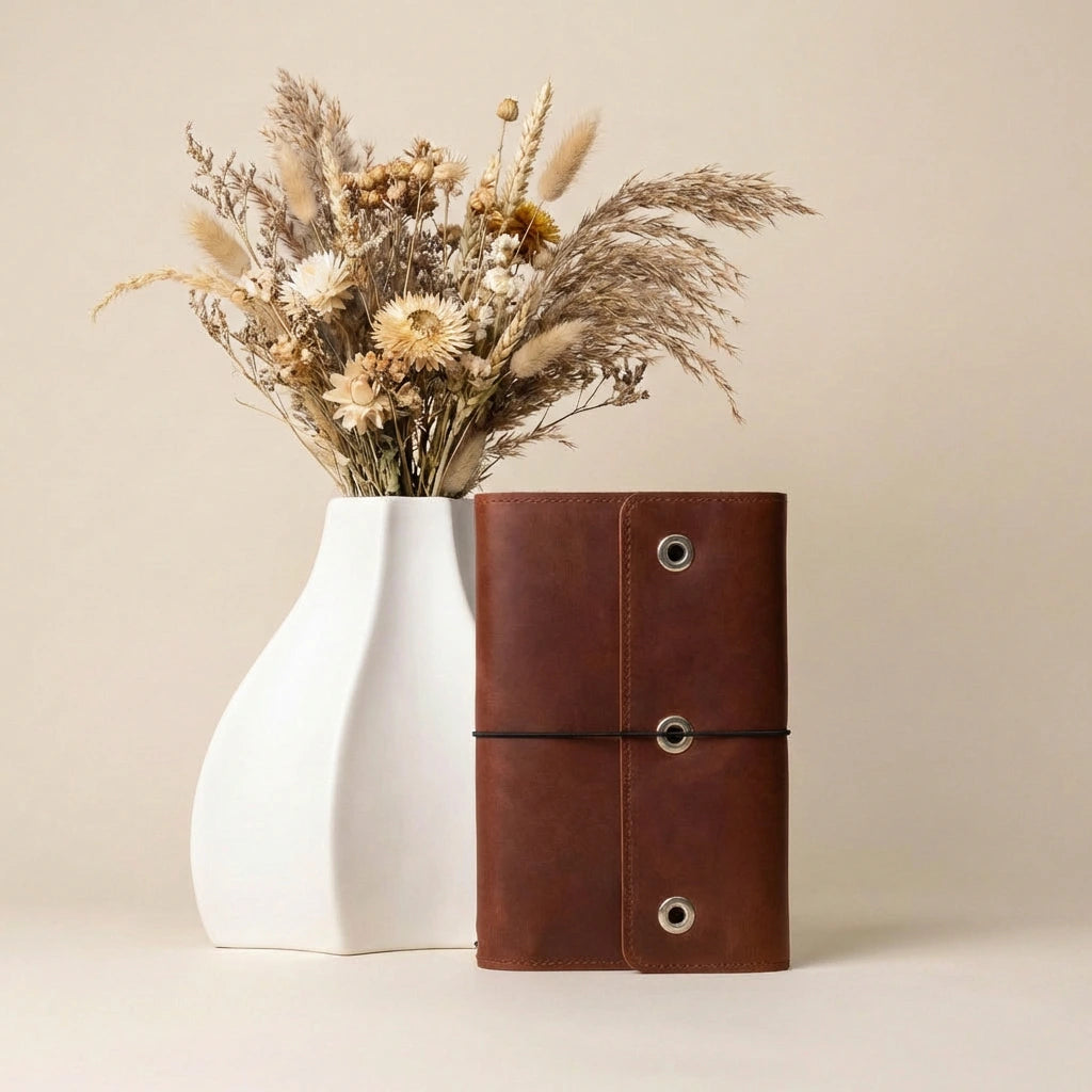 Brown leather-bound notebook with a white vase containing dried flowers on a beige background