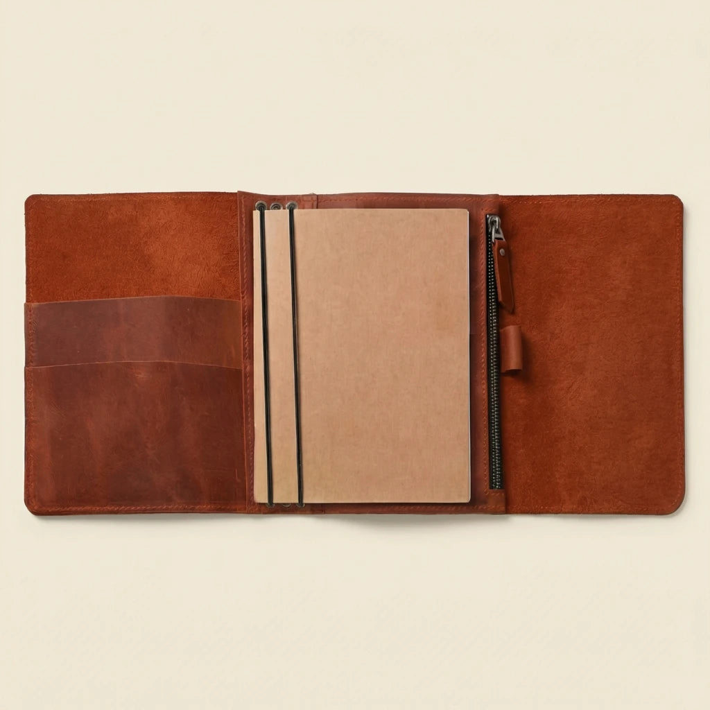 Brown leather folio with a beige interior on a beige background