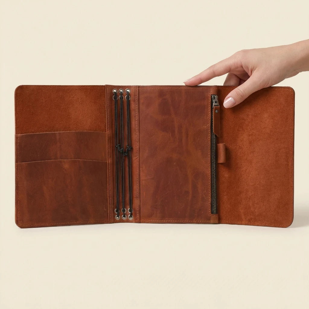 Brown leather journal held open by a hand on a beige background