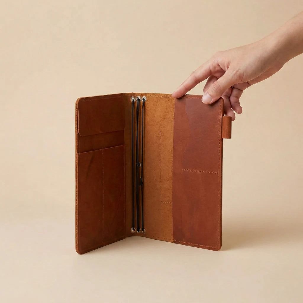 Brown leather journal cover held by a hand against a beige background