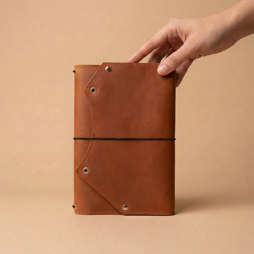 Brown leather notebook held by a hand against a beige background