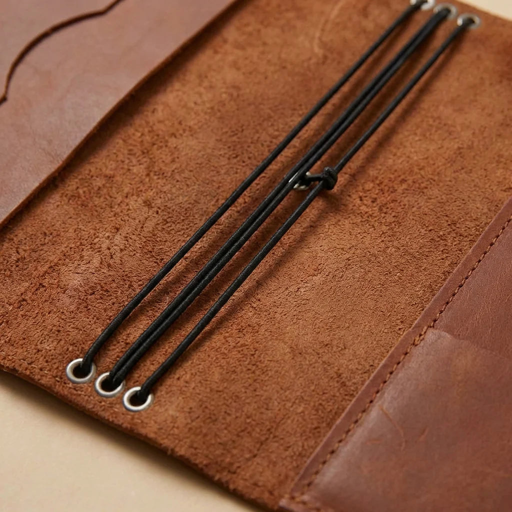 Close-up of a brown leather product with black strings on a beige background