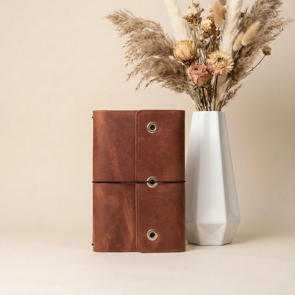 Brown leather notebook next to a silver vase with dried flowers on a beige background