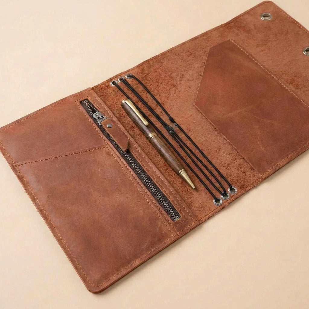 Brown leather journal cover with pen holder on a beige background