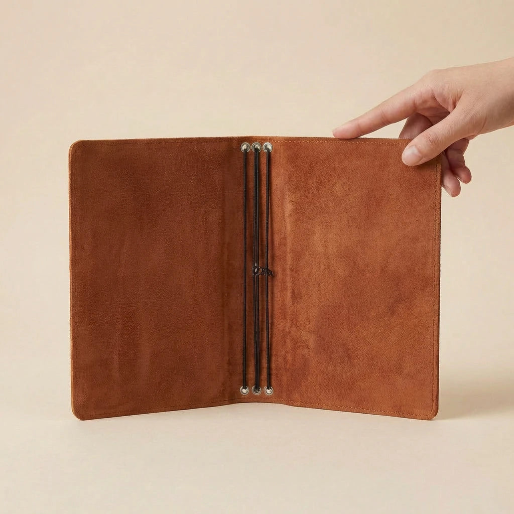 Brown leather notebook with a hand holding it open on a beige background