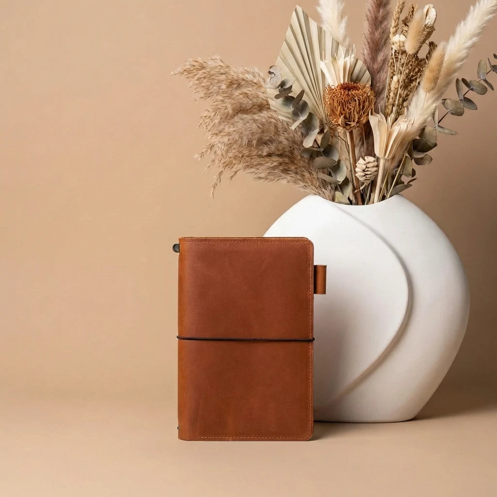 Brown leather notebook next to a white vase with dried plants on a beige background