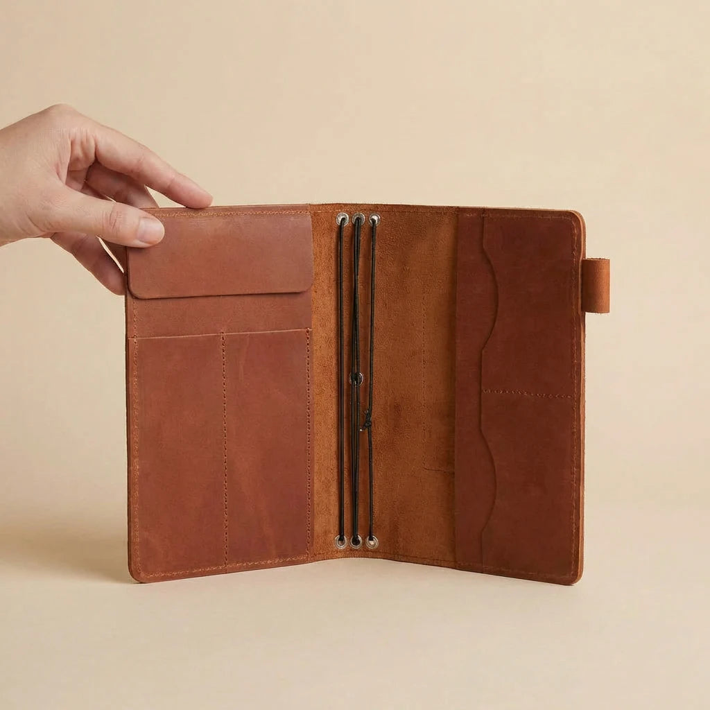 Brown leather journal cover held open by a hand on a beige background