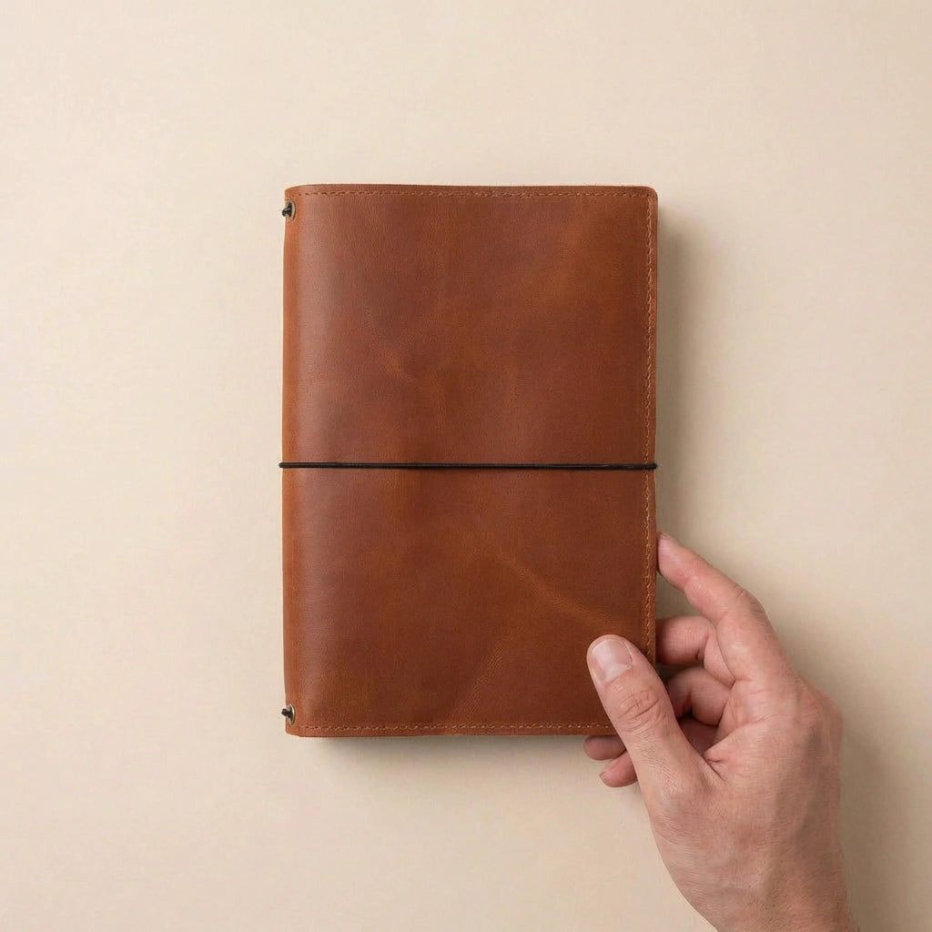 Brown leather notebook held by a hand against a beige background