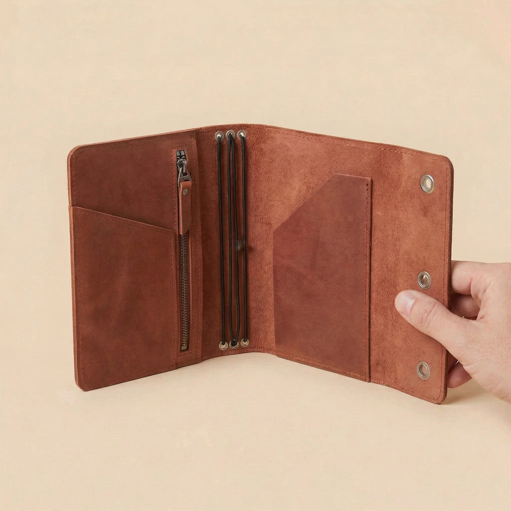 Brown leather journal cover held open by a hand on a beige background