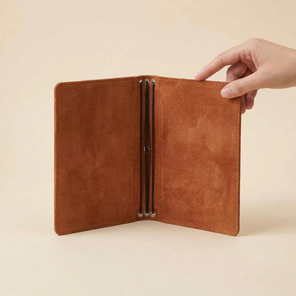 Brown leather journal cover held open by a hand on a beige background