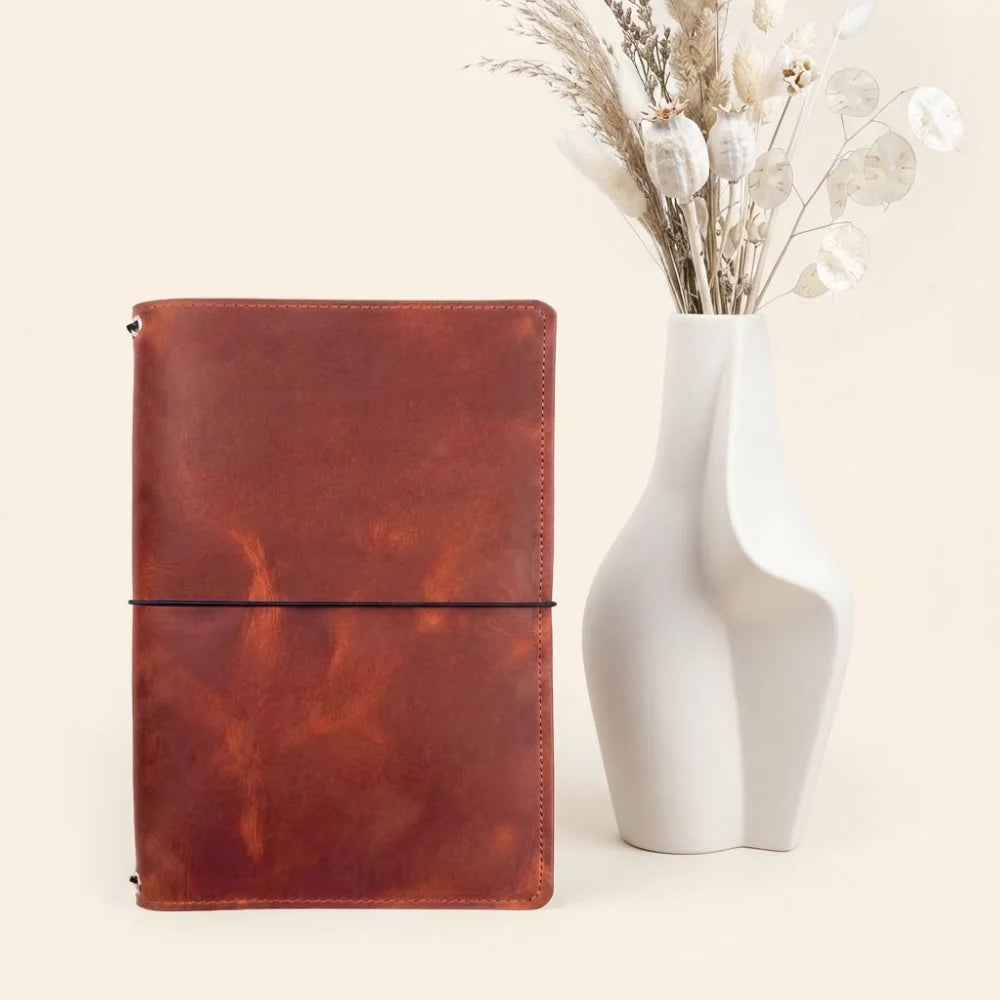 Natural leather journal cover featuring three inner elastic bands for secure notebook inserts.