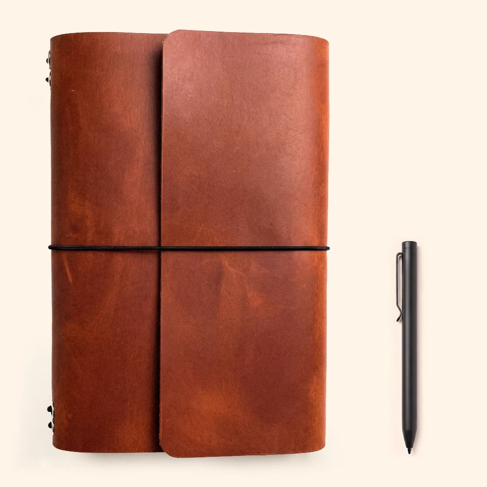 Premium leather planner holder designed to organize six modular notebook sections.