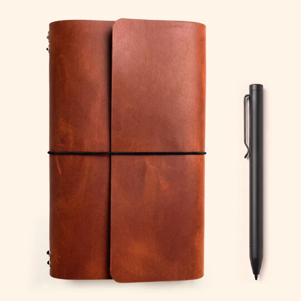 Genuine leather writing cover with six stretch bands for organizing separate notebook inserts.