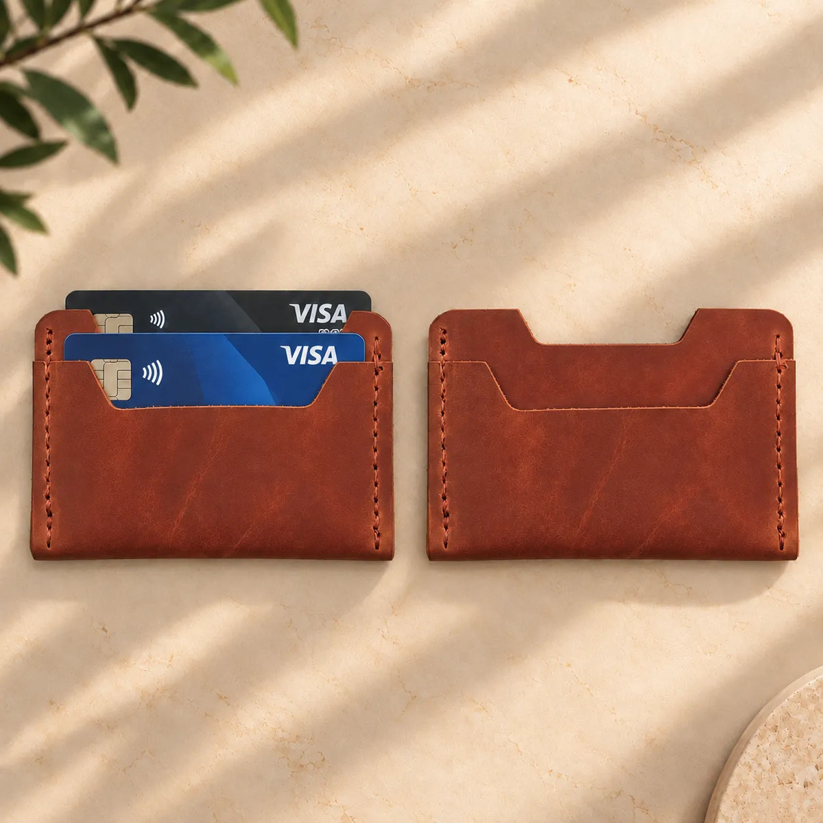 Compact leather wallet with two card compartments for daily carry