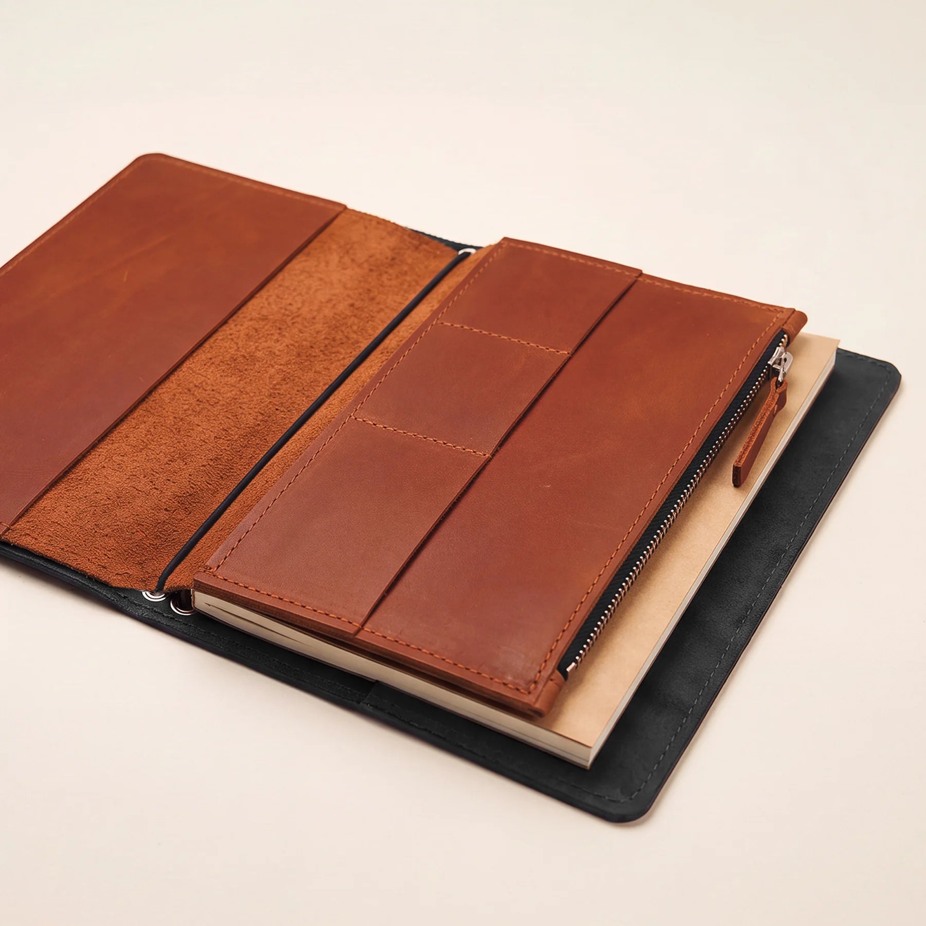Refillable leather notebook insert designed for travelers notebook organization and accessories.