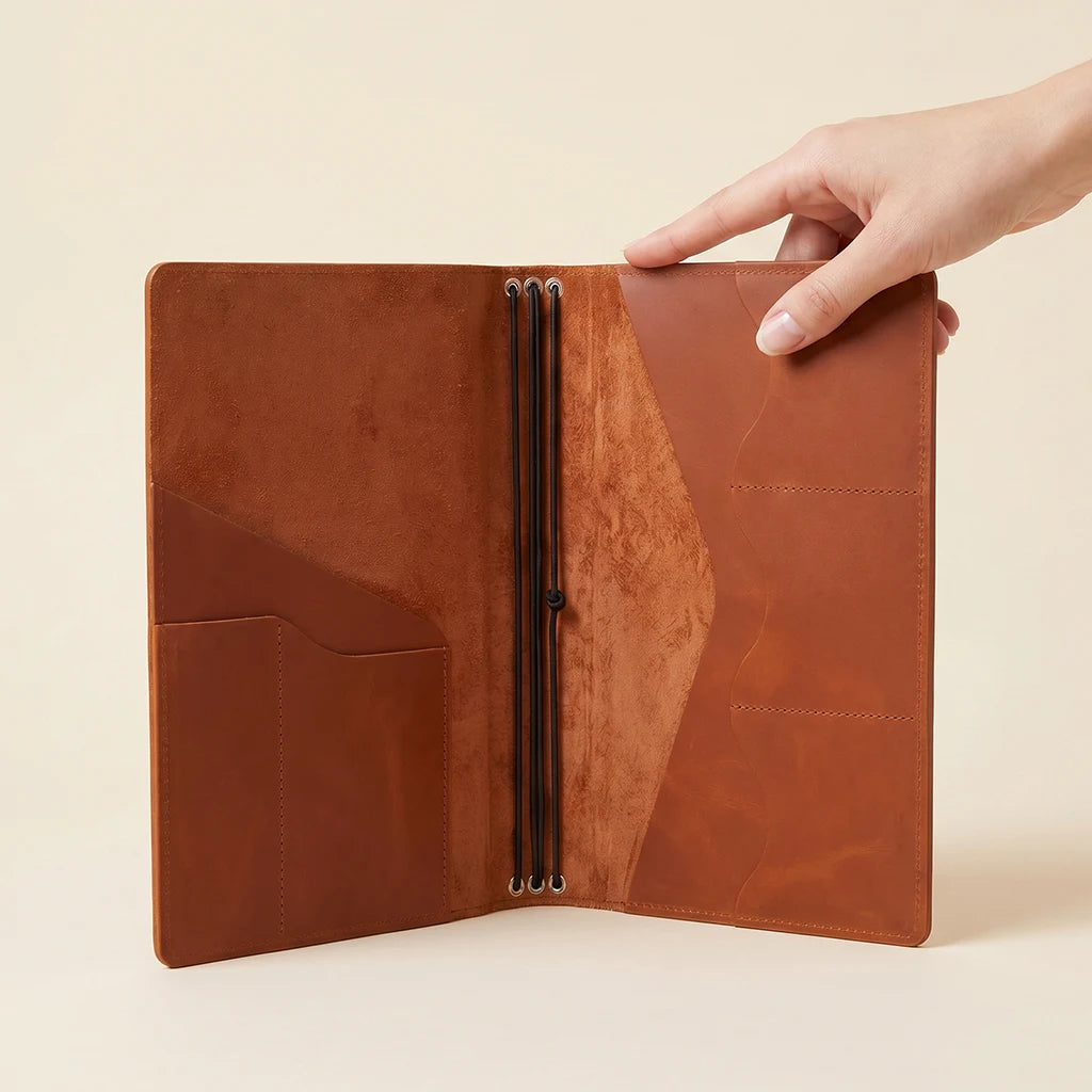 Refillable writing journal featuring durable leather construction and smart organization.