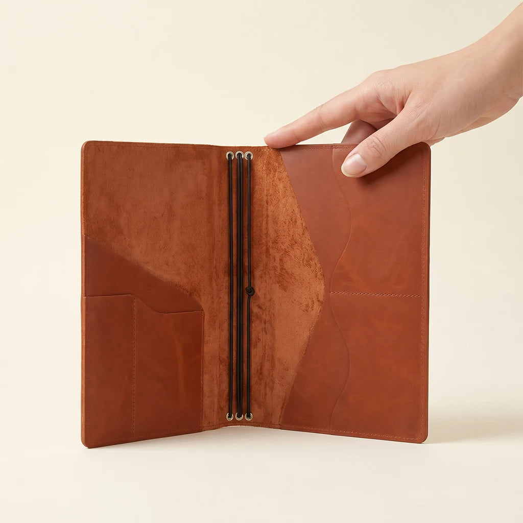 Leather travel notebook organizer with interior compartments and elastics.