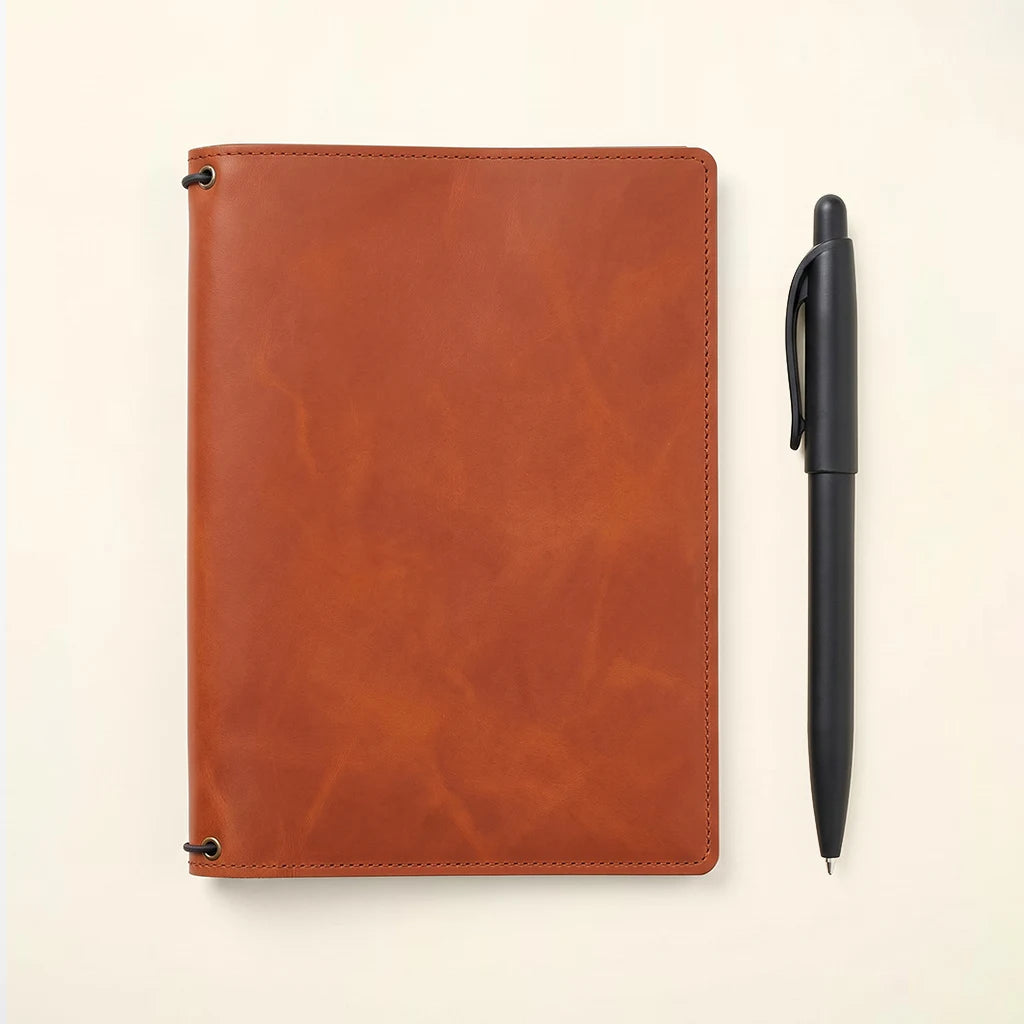 Stylish leather notebook cover with practical storage and elastic bands.
