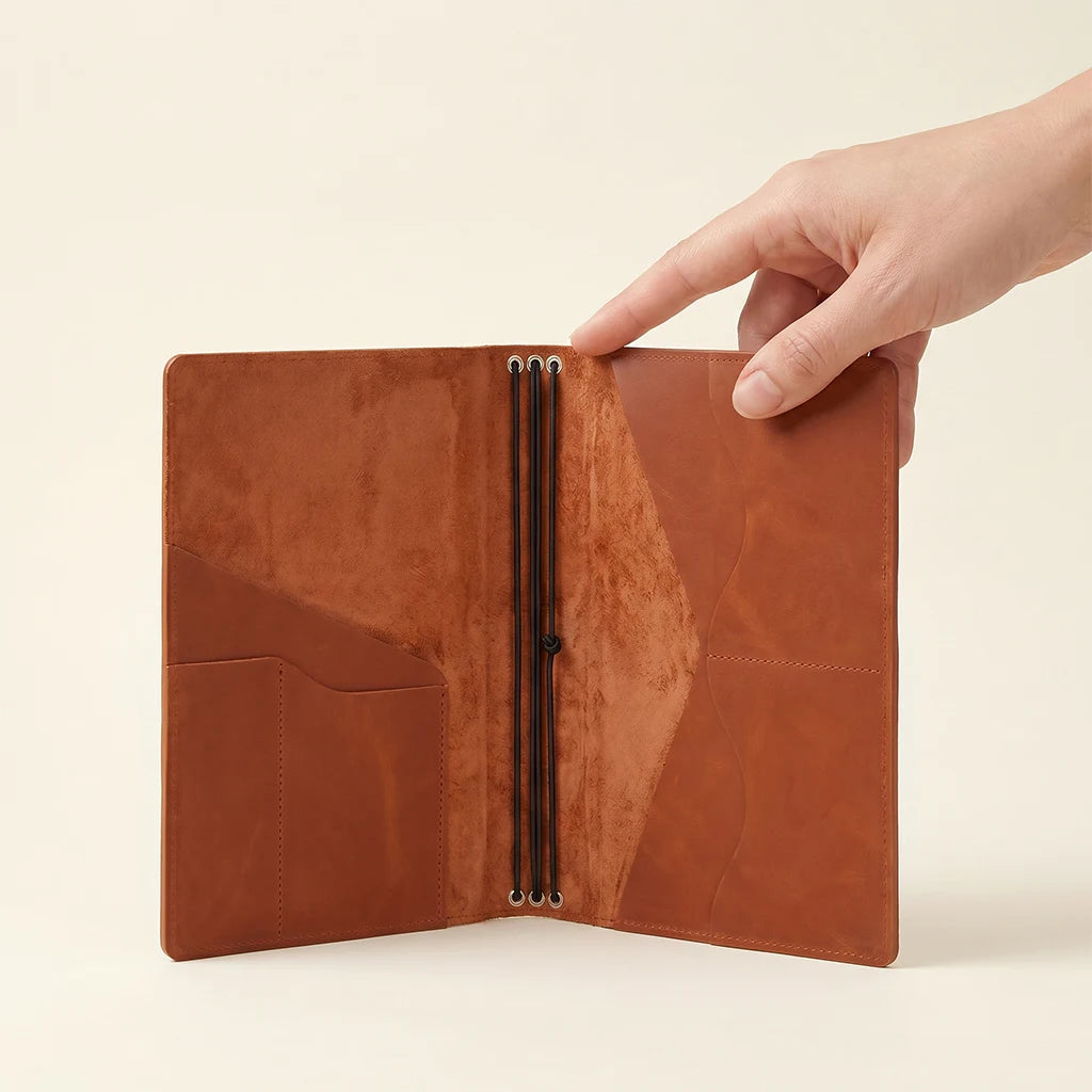 Genuine leather notebook cover with internal slots and triple elastic system.