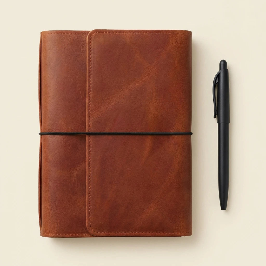 Brown leather notebook with a pen on a beige background