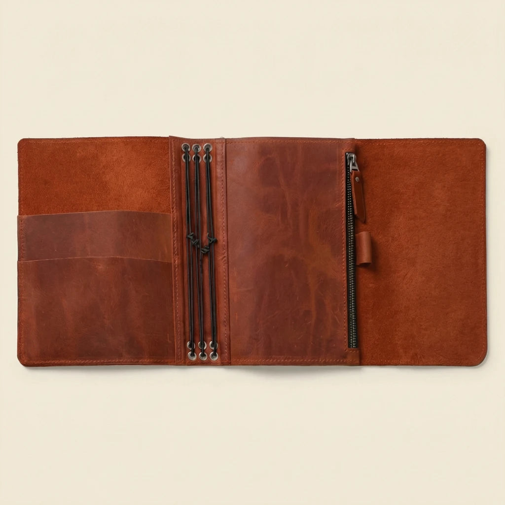 Brown leather folder with zippers on a beige background