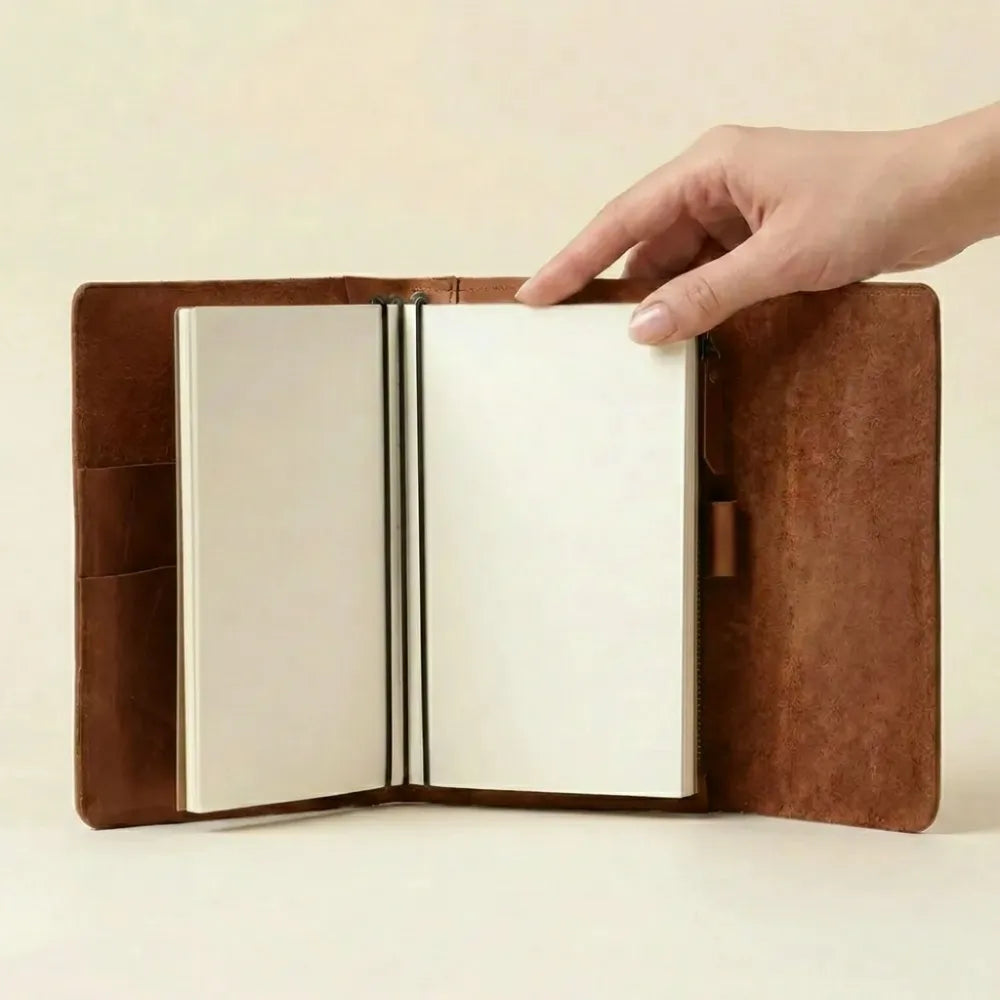 Handmade leather notebook cover with card pockets, pen holder, three elastics.
