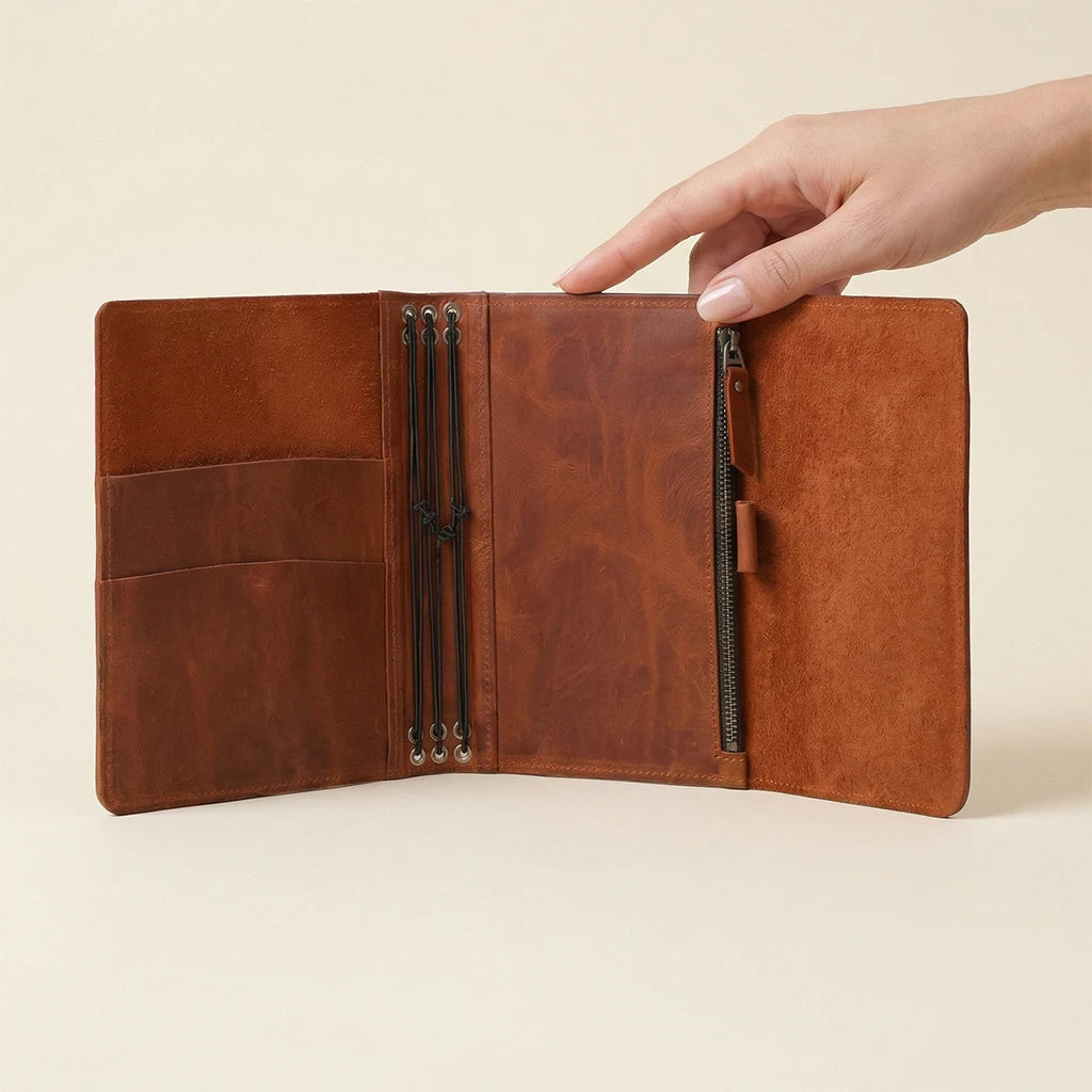 Brown leather journal with zippers held open by a hand on a beige background