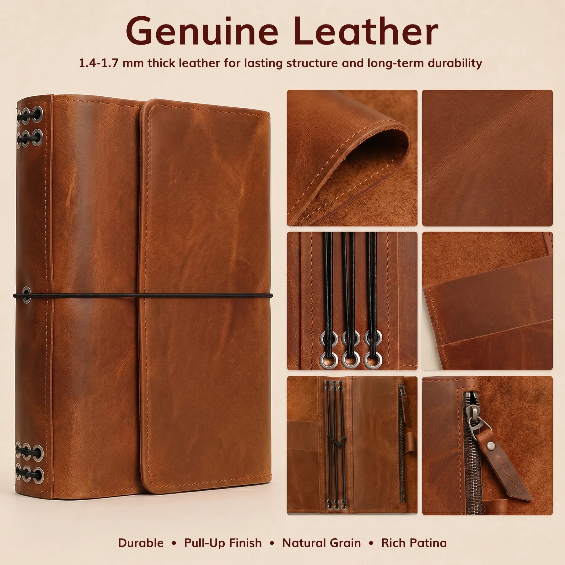 Premium leather travel journal cover with pen holder and card pockets