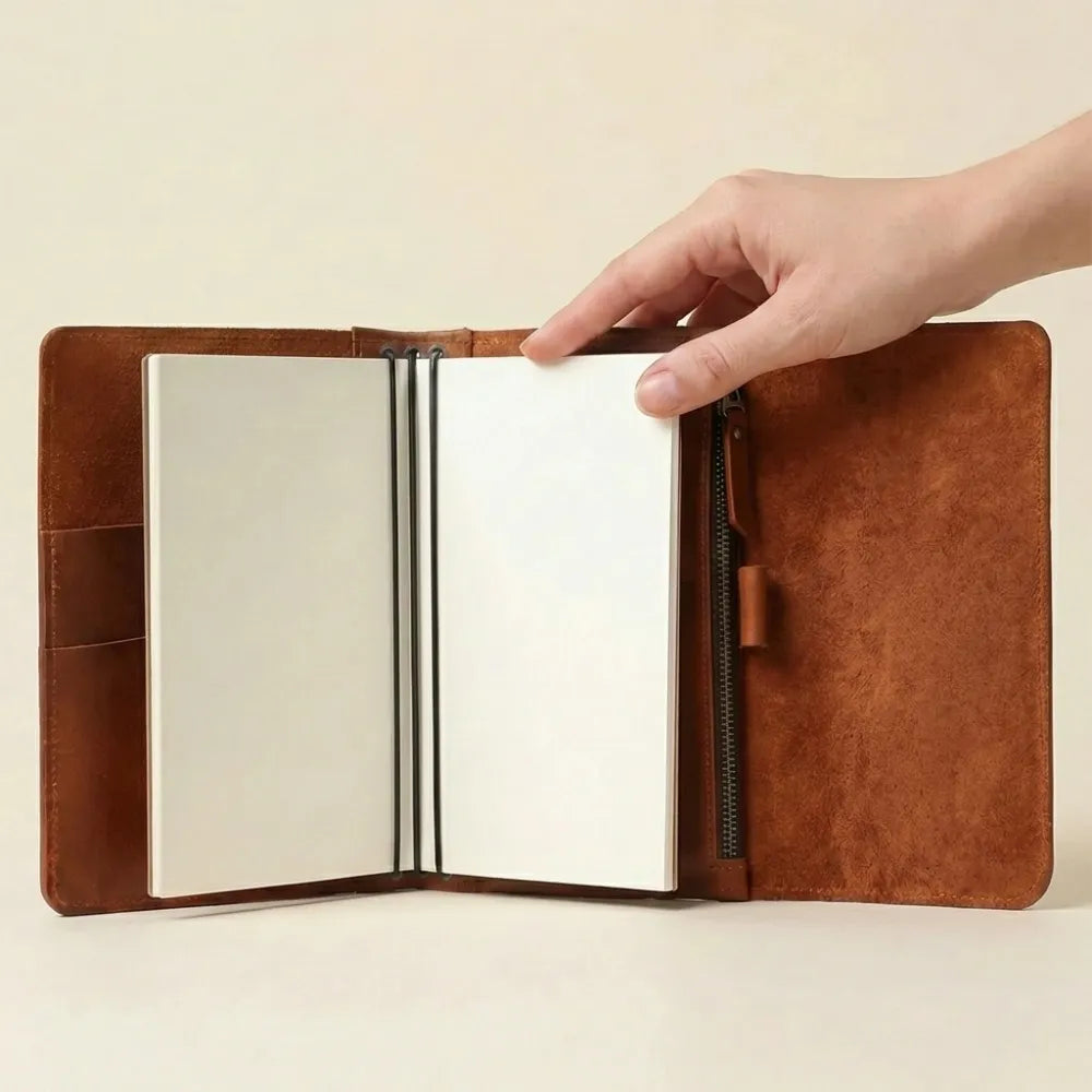 Refillable leather cover for journals with organized interior storage.