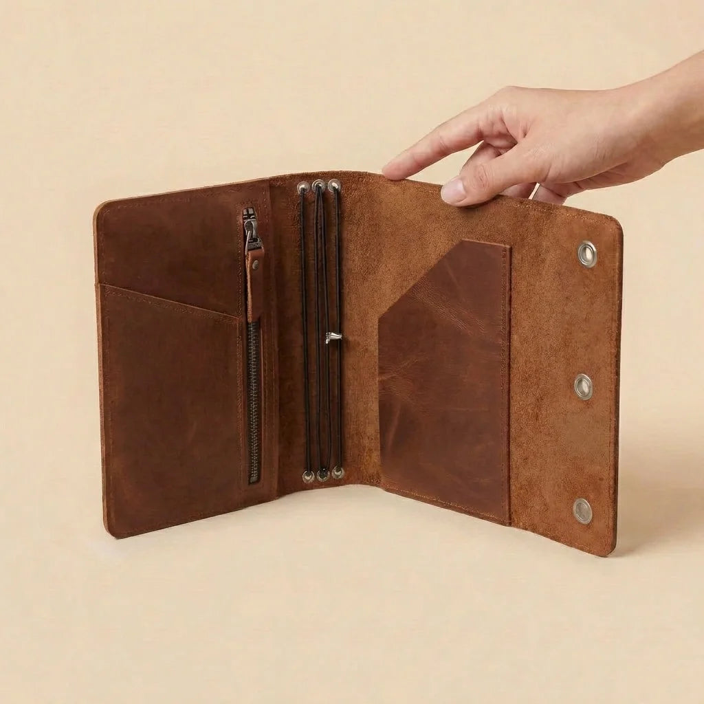 Brown leather journal with zippers on a beige background